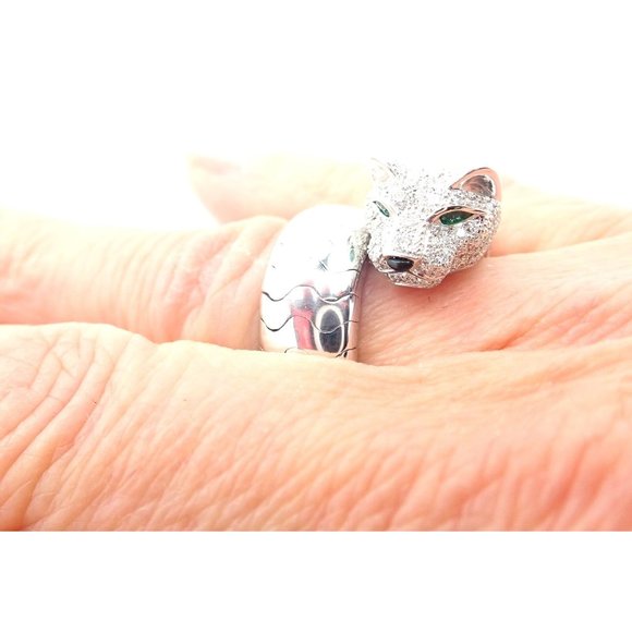 Authentic! Cartier Panther 18k White Gold Diamond Emerald Onyx Band Ring Cert. - Picture 9 of 10